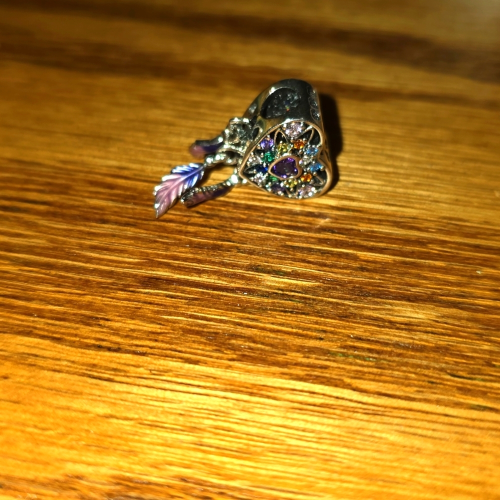 Beautiful heart pendant w/center purple stone & various stones! Feathers danging - Picture 2 of 4